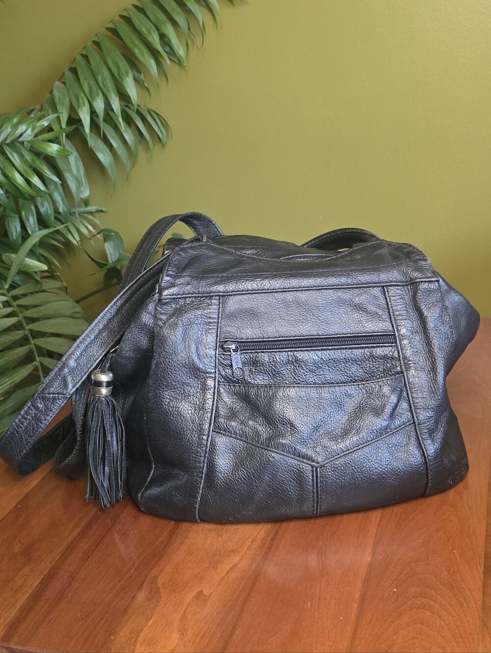 Vintage Black Leather Slouchy Hobo Shoulder Bag Triple Zip Closure